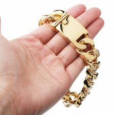 Pulseira masculina corrente de freio cubana folheada a ouro pesado 20 mm aço inoxidável 316L 9" comprar usado  Enviando para Brazil