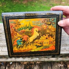 Caixa de laca Palekh russa vintage pintada à mão cena de conto de fadas tampa articulada vermelha  comprar usado  Enviando para Brazil