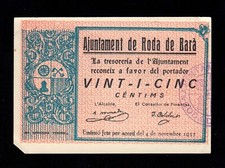 F.C. RODA DE BARÀ (TARRAGONA) , 25 CENTIMS 1937, S/C- , PICO ROTO . comprar usado  Enviando para Brazil