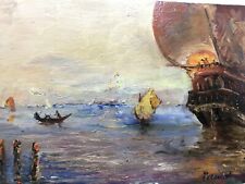 Cuadro Óleo Sobre Hsp Marino Barco Firmado Painting a Identificar Mar Puerto, usado comprar usado  Enviando para Brazil