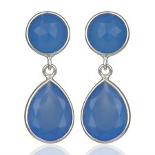 Brincos pendentes de prata esterlina 925 com pedras duplas de calcedônia azul natural comprar usado  Enviando para Brazil