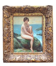 Pintura a óleo vintage de nu feminino dourado moldura de madeira pequena assinada baixo comprar usado  Enviando para Brazil