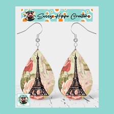 Brincos Torre Eiffel Paris França Rosas Flores MDF Gancho Costas Sublimadas à Mão, usado comprar usado  Enviando para Brazil