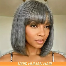 Perucas curtas de sal e pimenta peruca cinza com franjas 100% cabelo humano máquina completa  comprar usado  Enviando para Brazil