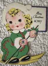 Cartão de felicitações vintage Natal menina esqui esqui neve cortado década de 1930 década de 1940 Gibson, usado comprar usado  Enviando para Brazil