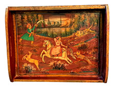 Bandeja de madeira antiga - pintada à mão com figuras e cena de paisagem comprar usado  Enviando para Brazil