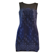 Vestido TADASHI SHOJI 6 Neopreno Encaje Superpuesto Metálico Azul Marino Negro Funda de Buceo segunda mano  Embacar hacia Mexico