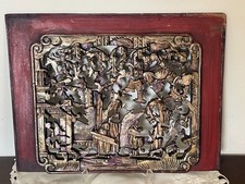 Painel de madeira histórico antigo chinês intrincado esculpido à mão dourado 3D dupla face comprar usado  Enviando para Brazil