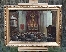 Holy Mass - Interior Of The Church, Oil On Cardboard Painting Signed Gulevich? na sprzedaż  PL