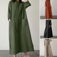 Vestido maxi camisa longo Kaftan feminino manga 3/4 gola redonda casual solto vintage EUA comprar usado  Enviando para Brazil