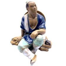 Vintage Mudmen Chinese Man Seated Wood Logs Hat On Back Axe Blue Top Knot Shiwan comprar usado  Enviando para Brazil