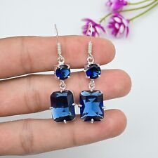 Brincos feitos à mão de pedra preciosa de safira azul criados em laboratório joias de prata esterlina 925 comprar usado  Enviando para Brazil