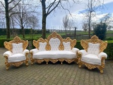 Sofá com Duas Cadeiras Vintage Barroco Rococó XL Conjunto Trono Folha Dourada Branco Luxo, usado comprar usado  Enviando para Brazil