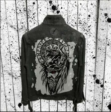 Jaqueta jeans masculina juvenil gótica viking estampada hip hop lavada 2220, usado comprar usado  Enviando para Brazil