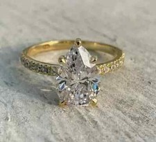 Anel de noivado feminino folheado a ouro amarelo 14K com diamante simulado corte pera 2,50 quilates comprar usado  Enviando para Brazil