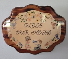 Placa de madeira vintage MCM Bless Our Home lacada brilhante com gráficos Grama Core comprar usado  Enviando para Brazil