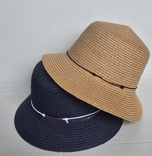 Conjunto de chapéus femininos balde de palha 2 peças – bronzeado e marinho – chapéu de sol praia verão elegante, usado comprar usado  Enviando para Brazil