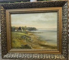 Pintura a óleo vintage: casas de fazenda e jardim perto da linha da costa e da praia comprar usado  Enviando para Brazil