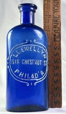 GARRAFA MED ANTIGA AZUL COBALTO FILADÉLFIA EM RELEVO FARMÁCIA LLEWELLYN 1880S comprar usado  Enviando para Brazil