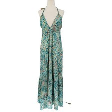 Vestido maxi floral feminino tamanho M/L azul dourado gola redonda halter boho festival fada comprar usado  Enviando para Brazil
