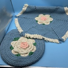 Conjunto antigo de tampa e tapete de vaso sanitário de crochê azul chalé núcleo vovó branco rosa comprar usado  Enviando para Brazil