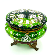 Antigo frasco de vidro verde Moser - caixa de bugigangas - esmalte pintado à mão Deco Boho comprar usado  Enviando para Brazil