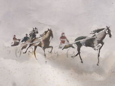 🇫🇷 ANCIENNE PEINTURE AQUARELLE CHEVAUX COURSES SULKY ANNÉE 78 DATÉ SIGNÉ segunda mano  Embacar hacia Argentina