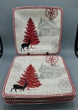 222 Fifth NORTHWOOD COTTAGE 10,5" Conjunto de Pratos de Jantar Quadrados 4 Veados Vermelho Natal comprar usado  Enviando para Brazil