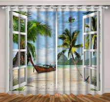 Usado, Tecido cortinas bloqueio cortinas cortinas janela cortinas pássaro folha de palmeira verde oceano 3D 2 painéis comprar usado  Enviando para Brazil