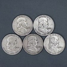 [Lote de 5] Moedas de meio dólar Franklin 1953 - 90% prata - Frete grátis comprar usado  Enviando para Brazil