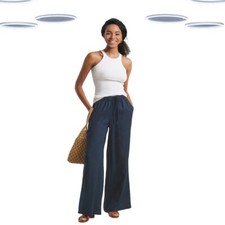 Calças femininas Ex Simply Be mistura de linho perna larga azul marinho, usado comprar usado  Enviando para Brazil
