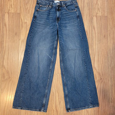 Jeans feminino 8 Zara azul marinho reto denim destruído rasgo perna larga caimento largo comprar usado  Enviando para Brazil