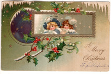 ANTIGO CARTÃO POSTAL DE NATAL EM RELEVO DUAS MOÇAS, NEVE CAINDO, VISCO, usado comprar usado  Enviando para Brazil