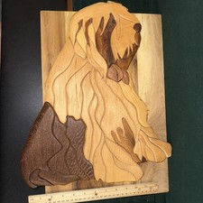 Ręcznie wykonany kudłaty pies 3D Intarsia Wiele drewna Sztuka Portret Znak Tabliczka na sprzedaż  Wysyłka do Poland