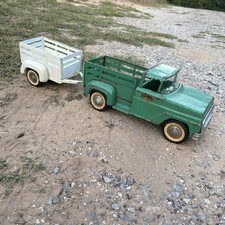 Vintage Tonka Step Side Pick Up Truck, Farm Stake Rack, Verde Com Reboque, usado comprar usado  Enviando para Brazil