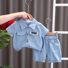 2 peças roupa de verão infantil jardim de infância meninos tecido enim blusa camisa shorts comprar usado  Enviando para Brazil