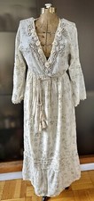 Vestido maxi anos 70 hippie boho bege musselina voil algodão, com pérolas, estampa de bloco de mão O/S comprar usado  Enviando para Brazil