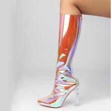 Sapatos de festa femininos transparentes salto alto PVC biqueira pontiaguda joelho alto botas transparentes comprar usado  Enviando para Brazil