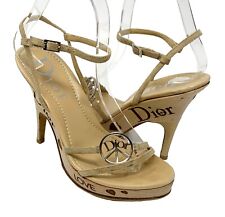 Sandalias Dior Vintage con Correa con Logotipo #37 EE. UU. 6,5 Tacones Beige Gamuza Madera Rango AB segunda mano  Embacar hacia Argentina