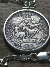 Pingente de moeda de um quarto de prata NEVADA 2006 .900 cavalos selvagens corrente de prata 24" 925, usado comprar usado  Enviando para Brazil