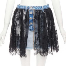 Saia jeans UNRAVEL PROJECT preta floral renda babado azul do avesso 25" comprar usado  Enviando para Brazil