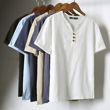 Camiseta masculina de linho mistura de algodão manga curta estilo gola Henley casual camiseta comprar usado  Enviando para Brazil