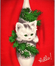 Cartão de Natal Sweet Kitty Cat Kitten Holly cortina vermelha Hello VTG, usado comprar usado  Enviando para Brazil