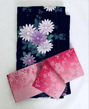 Kimono Yukata tradicional floral preto adulto com obi vermelho Japão comprar usado  Enviando para Brazil