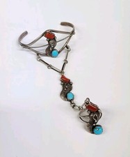 Pulseira vintage nativa americana esterlina turquesa coral escravo anel corrente de mão comprar usado  Enviando para Brazil