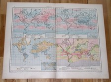 1924 VINTAGE MAPA ŚWIATOWA - ROZKŁAD WIATRÓW DESZCZOWYCH BURZE METEOROLOGIA POGODA na sprzedaż  Wysyłka do Poland