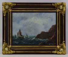 Używany, Stary obraz, krajobraz morski z żaglówkami, olej, sygnowany, 33 x 27 cm na sprzedaż  PL
