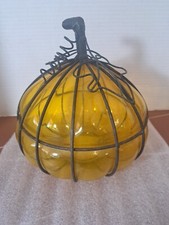 Usado, Bolota de abóbora enjaulada de Halloween soprada à mão âmbar bolha vidro lanterna vela comprar usado  Enviando para Brazil