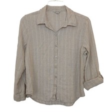 Camisa Orvis clássica feminina média listrada bronzeada mistura de linho botão manga rolo D20 comprar usado  Enviando para Brazil