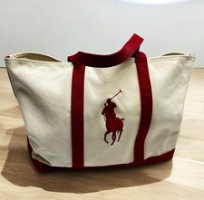 Bolsa tote Polo Ralph Lauren Big Pony bordada de lona natural/vermelha extra grande, usado comprar usado  Enviando para Brazil